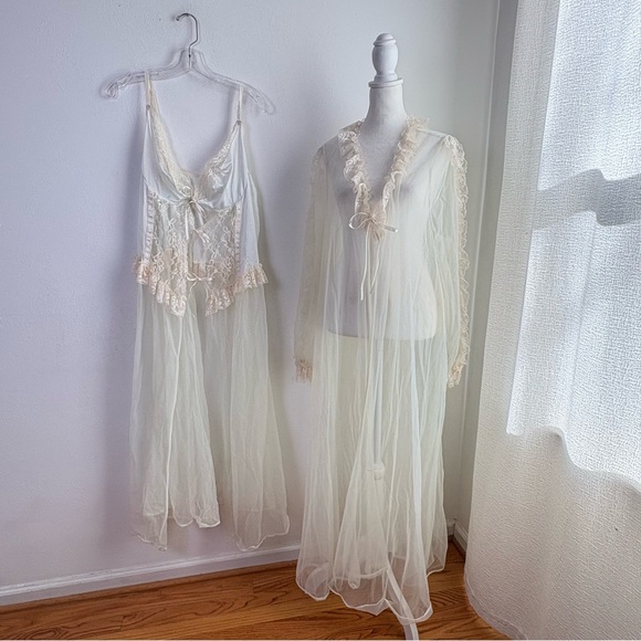Vintage Ethereal Victorian Chiffon Bridal Wedding Peignoir Nightgown Robe Set 2X - Picture 12 of 17